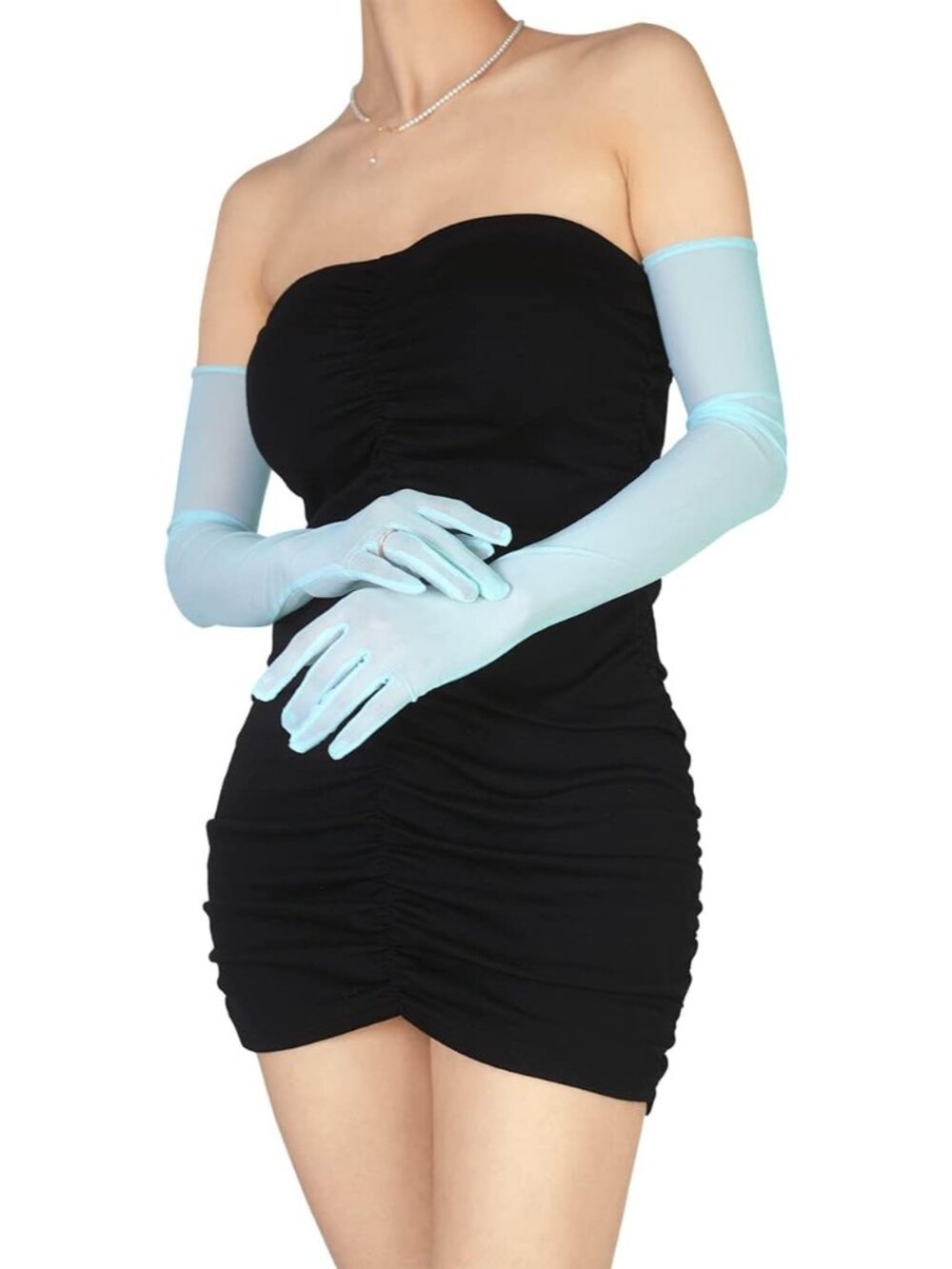 Womens Light Blue 1920s Stretchy Elbow Length Long Sheer Mesh Tulle Opera Gloves